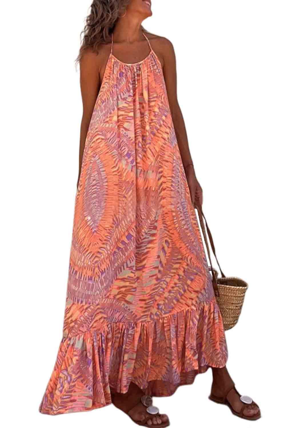 Orange Geometric Print Tassel Tie Halterneck Maxi Dress - L & M Kee, LLC