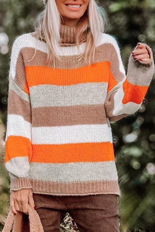 Multicolor Color Block Striped Knitted Drop Shoulder Turtleneck Sweater - L & M Kee, LLC