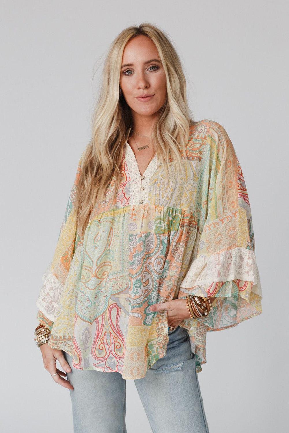 Multicolor Paisley Print Bell Sleeve Lace V-Neck Button Sheer Blouse - L & M Kee, LLC