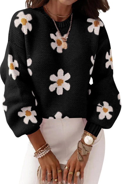 Pink Floral Pattern Drop Shoulder Sweater - L & M Kee, LLC