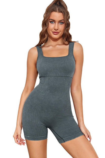 Gray Ribbed Square Neck Padded Sports Romper - L & M Kee, LLC