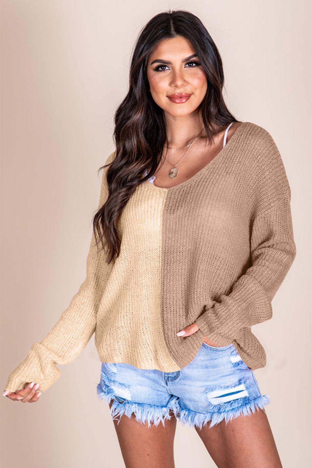 Long Sleeve V-Neck Colorblock Sweater - L & M Kee, LLC