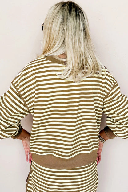 Black Stripe Textured Drop Shoulder Pullover Top Drawstring Mini Skirt Two Piece Dress Set