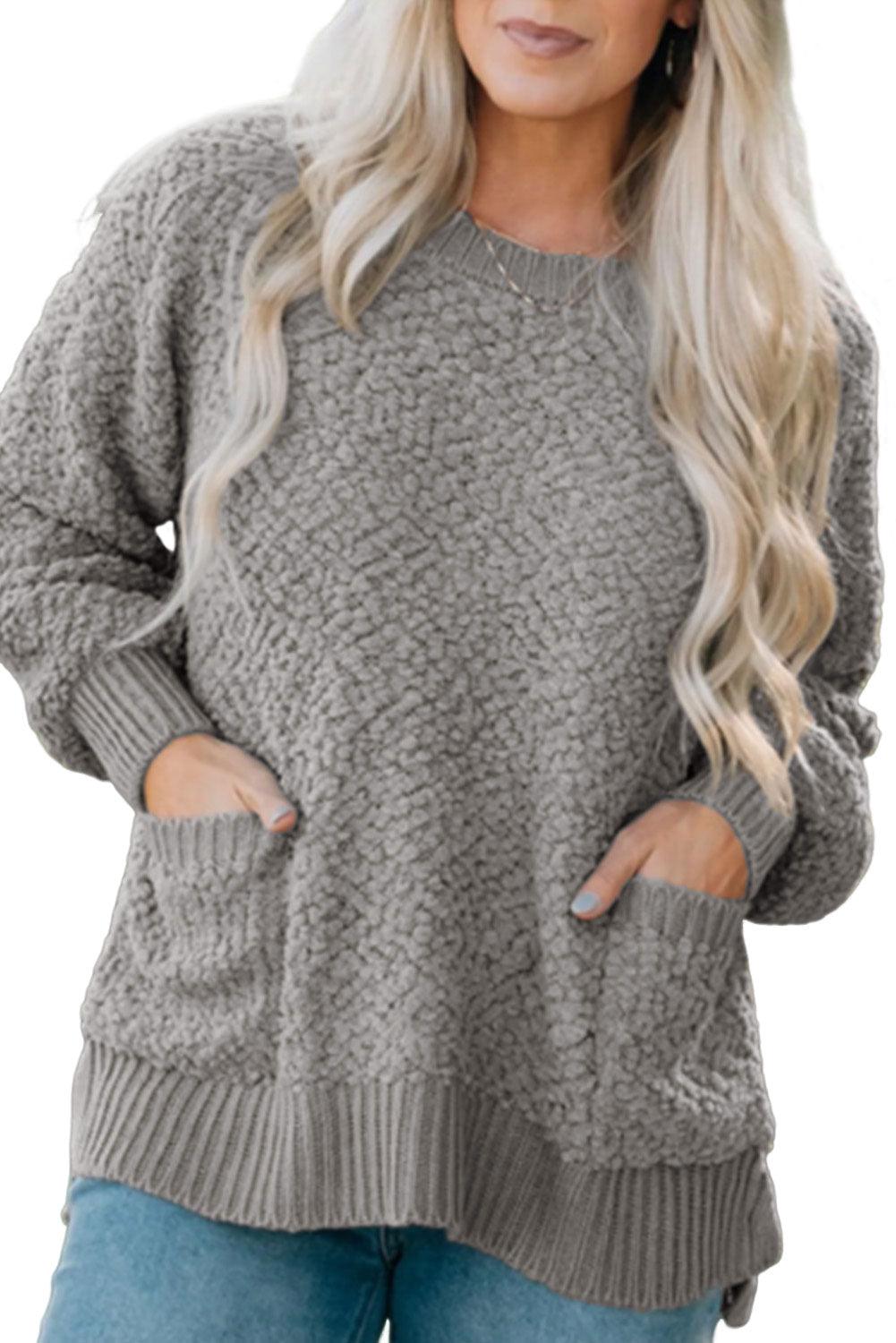 Gray Double Pockets Ribbed Trim Popcorn Knit Sweater - L & M Kee, LLC