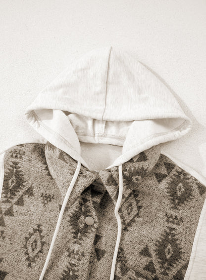 Gray Western Aztec Print Color Block Patchwork Drawstring Hooded Shacket