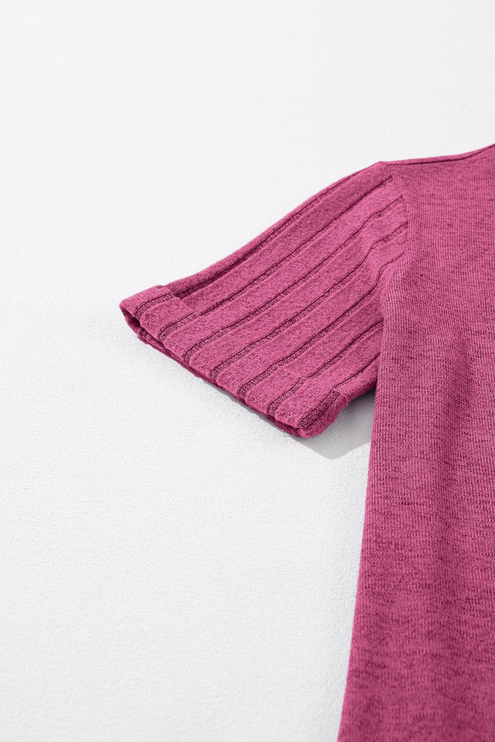 Bright Pink Ribbed Splicing Sleeve Round Neck T-shirt - L & M Kee, LLC