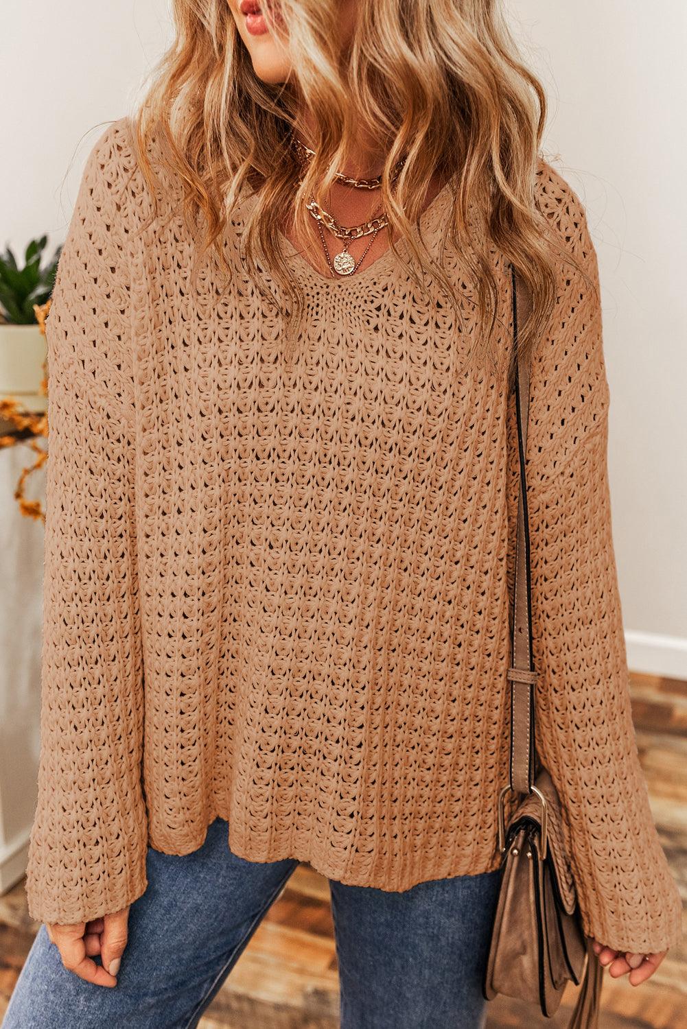 Light French Beige Hollow-out Crochet V Neck Sweater - L & M Kee, LLC