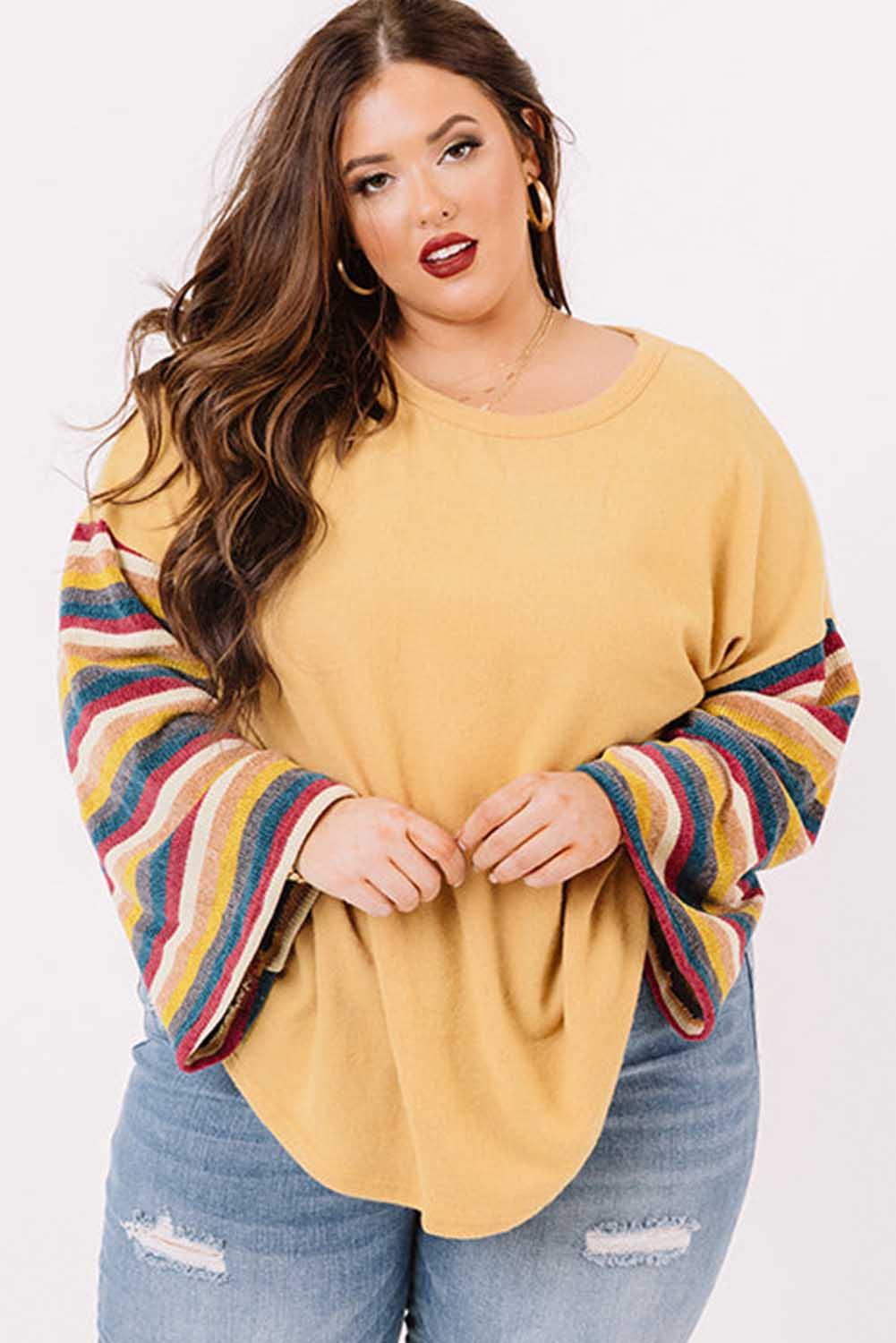 Yellow Serape Striped Bell Sleeve Plus Size Top - L & M Kee, LLC