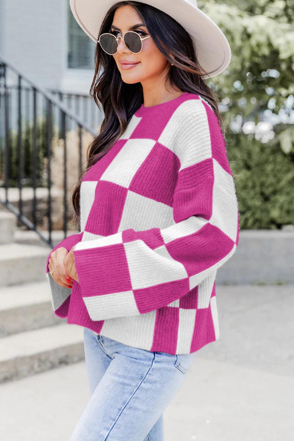 Bright Pink Checkered Round Neck Baggy Sweater - L & M Kee, LLC