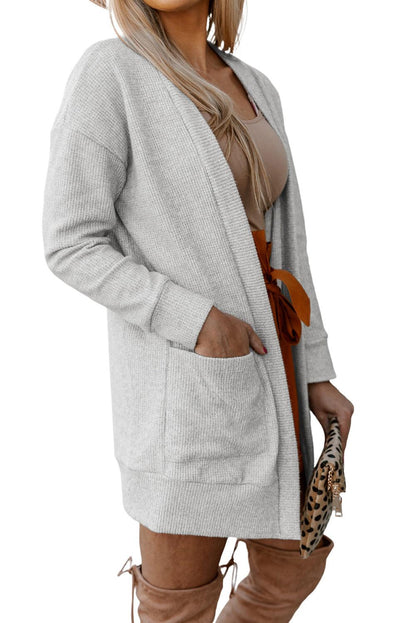 Beige Thermal Waffle Knit Pocketed Cardigan - L & M Kee, LLC