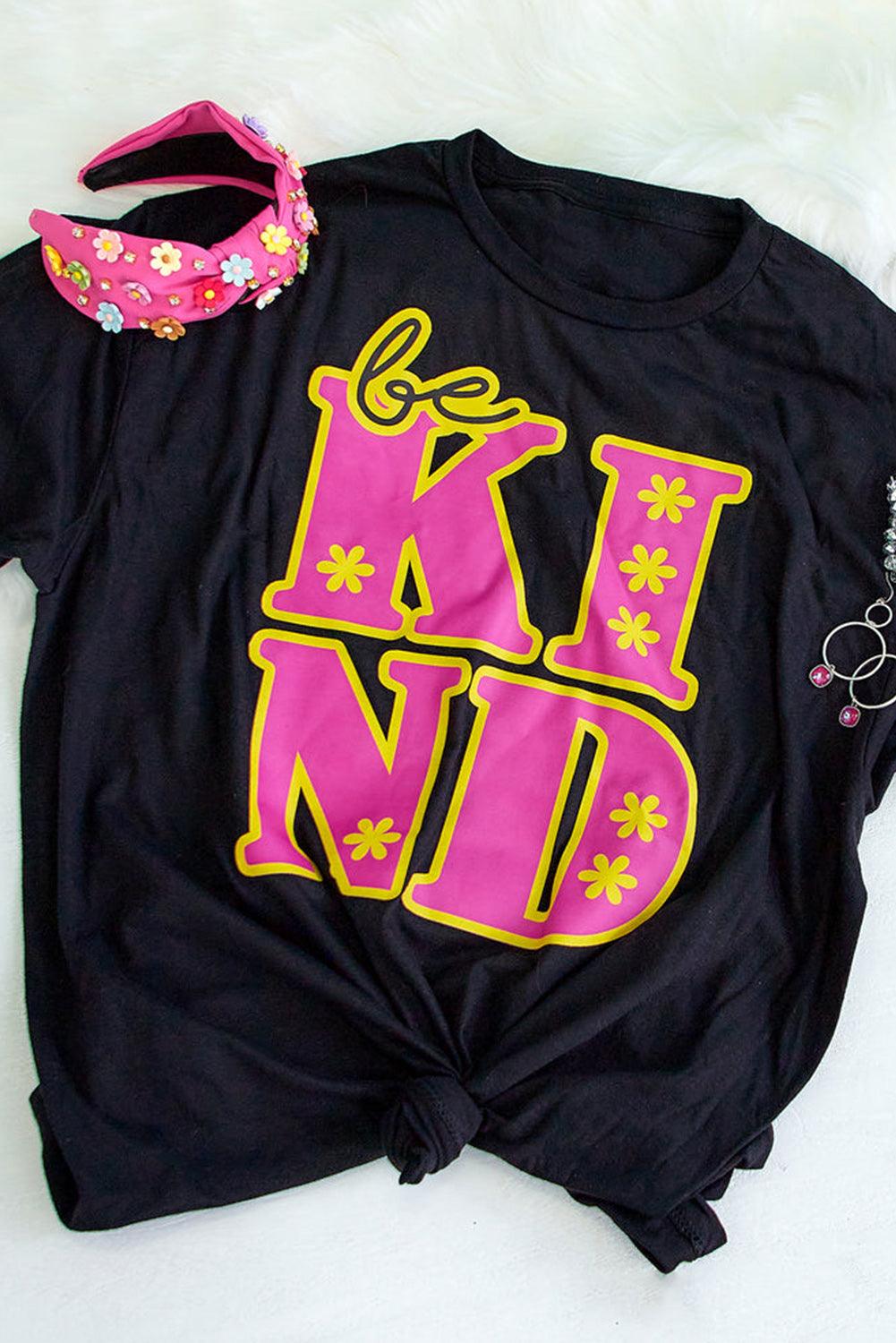 Black be KIND Flower Print Crew Neck T Shirt - L & M Kee, LLC