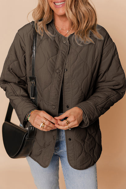 Dark Brown Snap Button Quilted Puffer Jacket