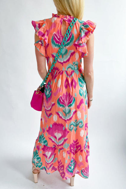 Multicolor Abstract Floral Print Frill Neck Ruffle Maxi Dress