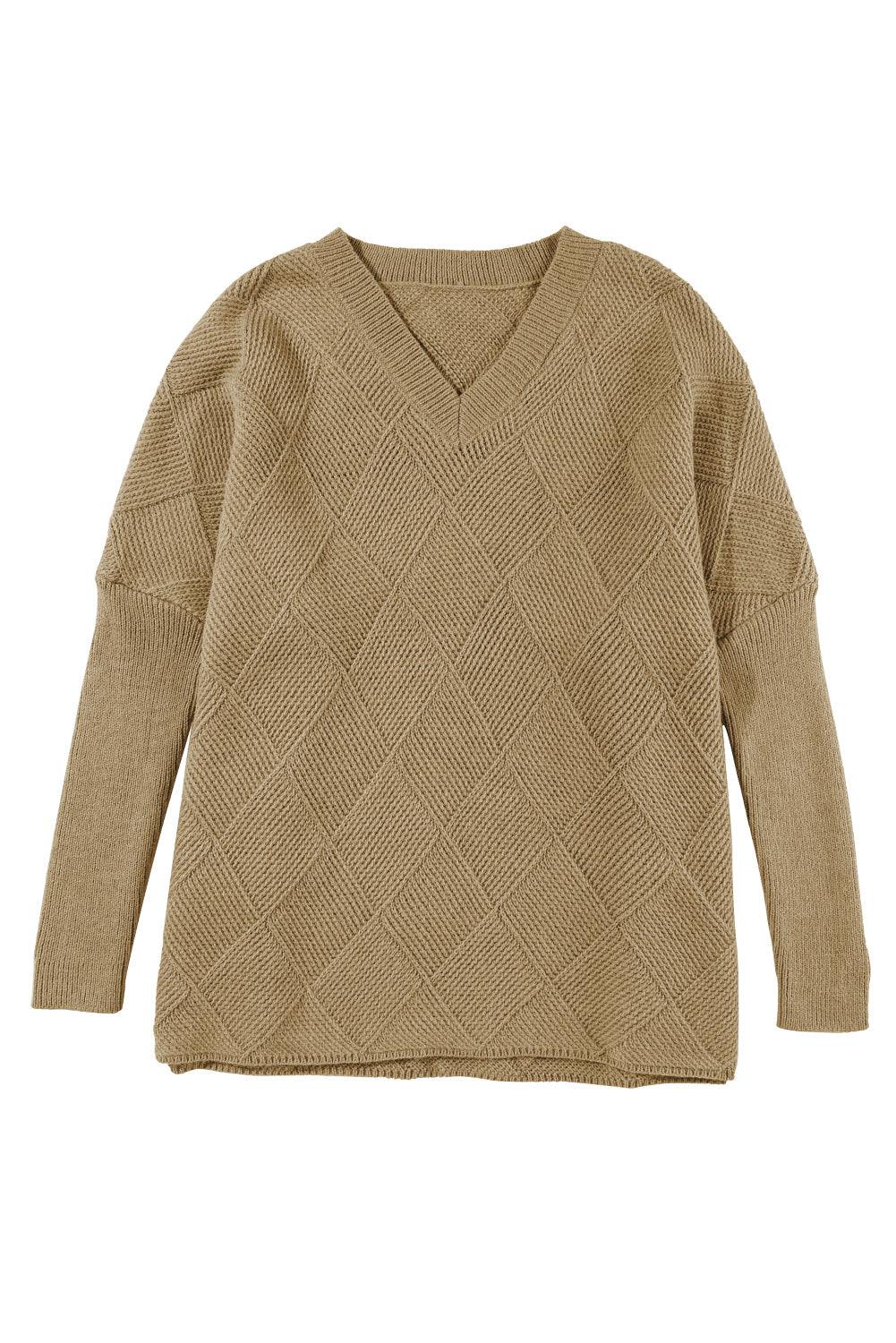 Camel Checkered Textured Batwing Sleeve Sweater - L & M Kee, LLC