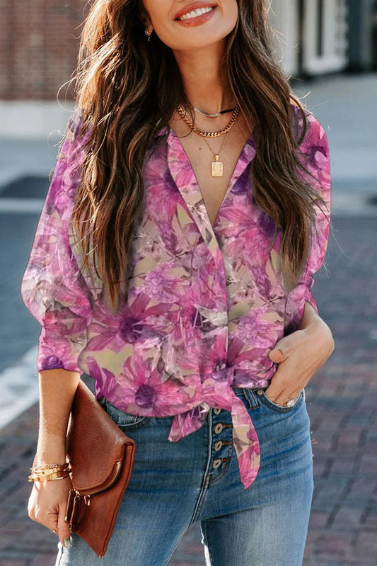 Floral Print Button Up Puff Sleeve Shirt - L & M Kee, LLC