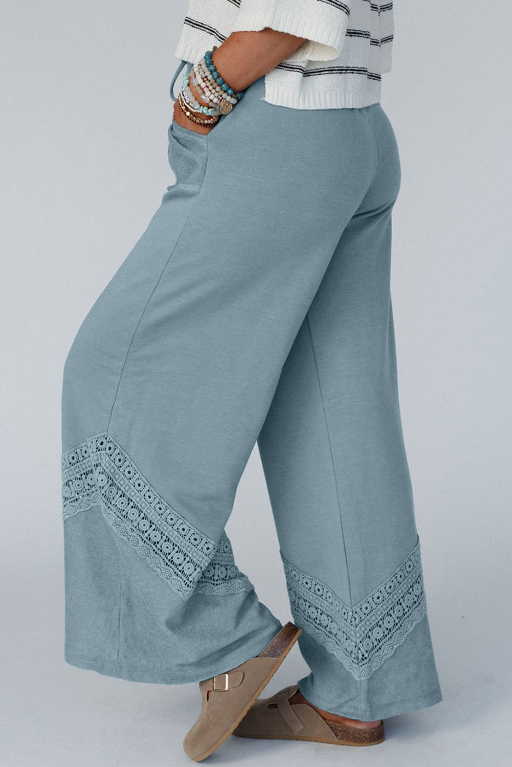 Dusk Blue Lace Crochet Patched Lace-up High Waist Wide Leg Pants