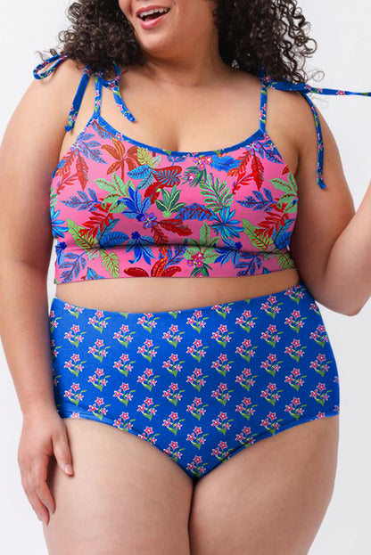 Blue Fashion Print Tied Straps Crop Vest and High Waist Plus Size Bikini