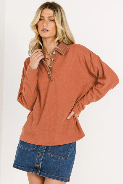 Red Dahlia Solid Color Long Sleeve Thermal Knit Polo Collar Patchwork Top