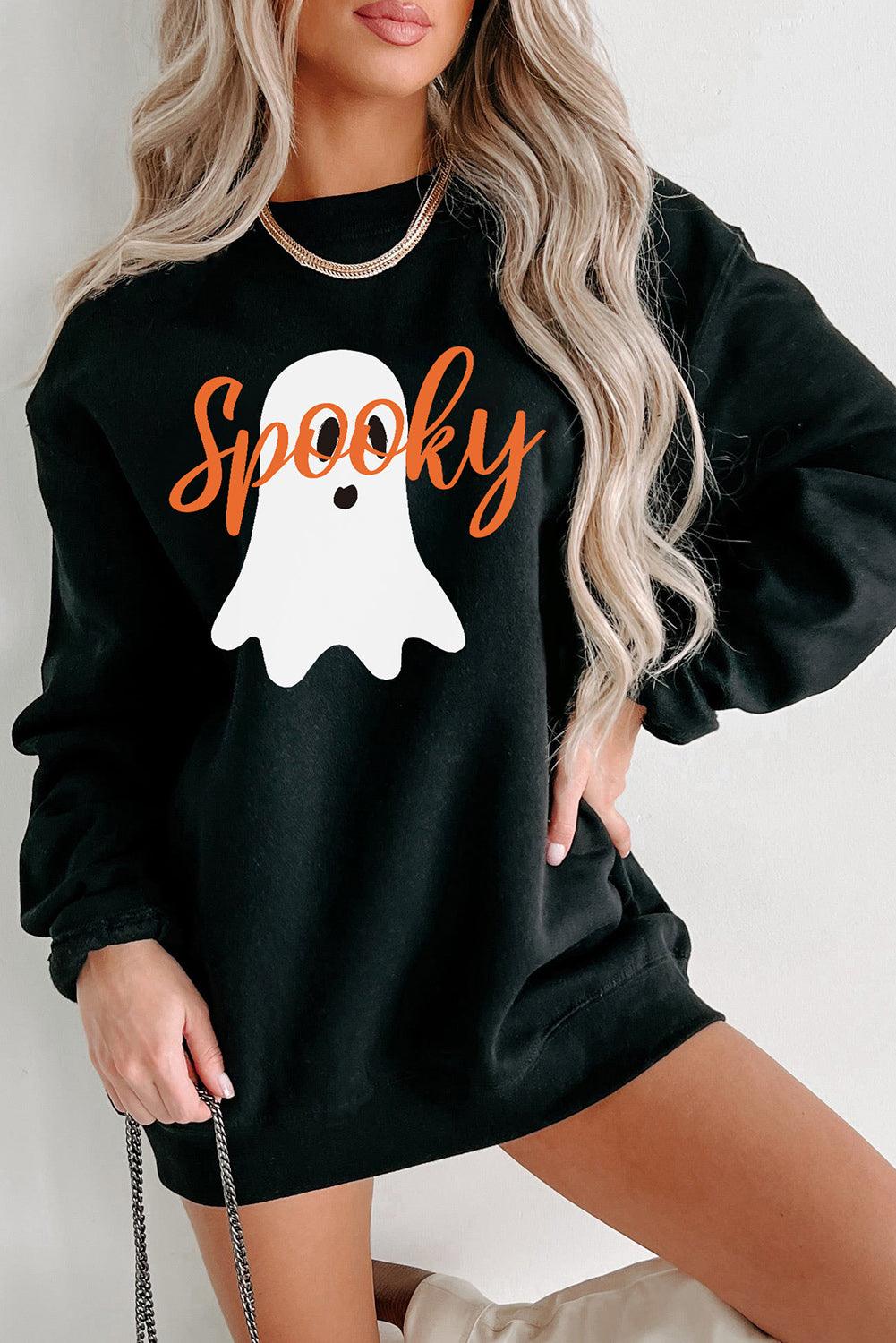 Black Halloween Spooky Ghost Print Crewneck Pullover Sweatshirt - L & M Kee, LLC