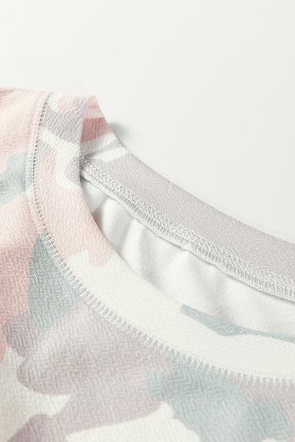 Green Plus Size Camouflage Print Drop Shoulder Loose Pullover Top