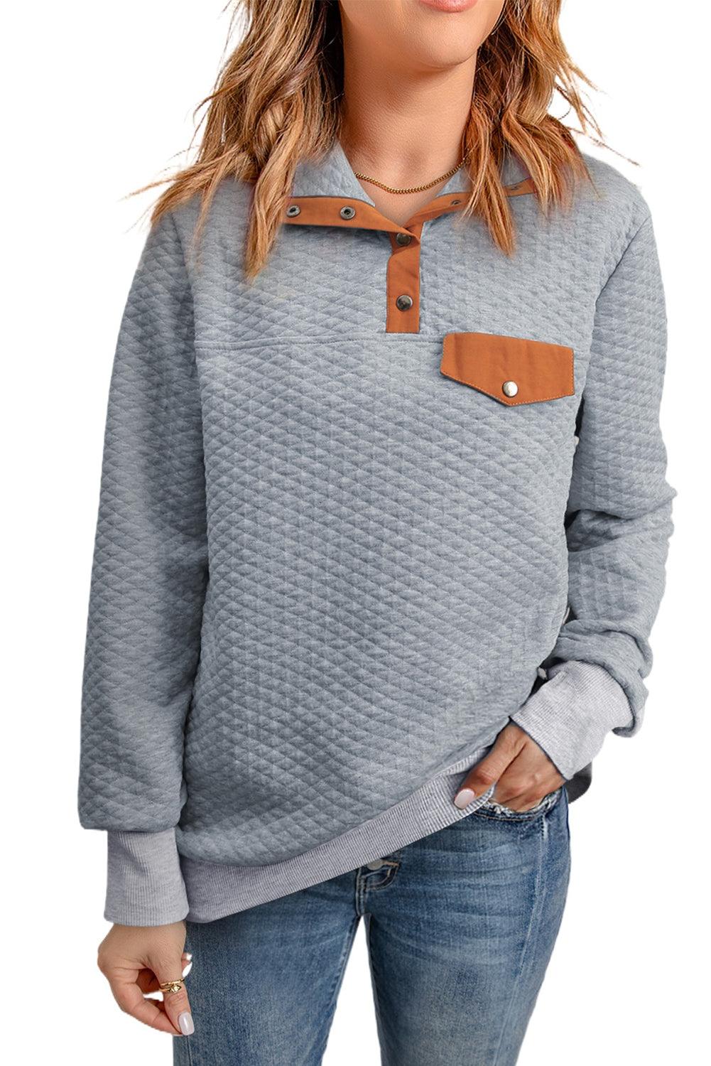 Dark Gray Quilted Snaps Stand Neck Sweatshirt with Fake Front Pocket - L & M Kee, LLC