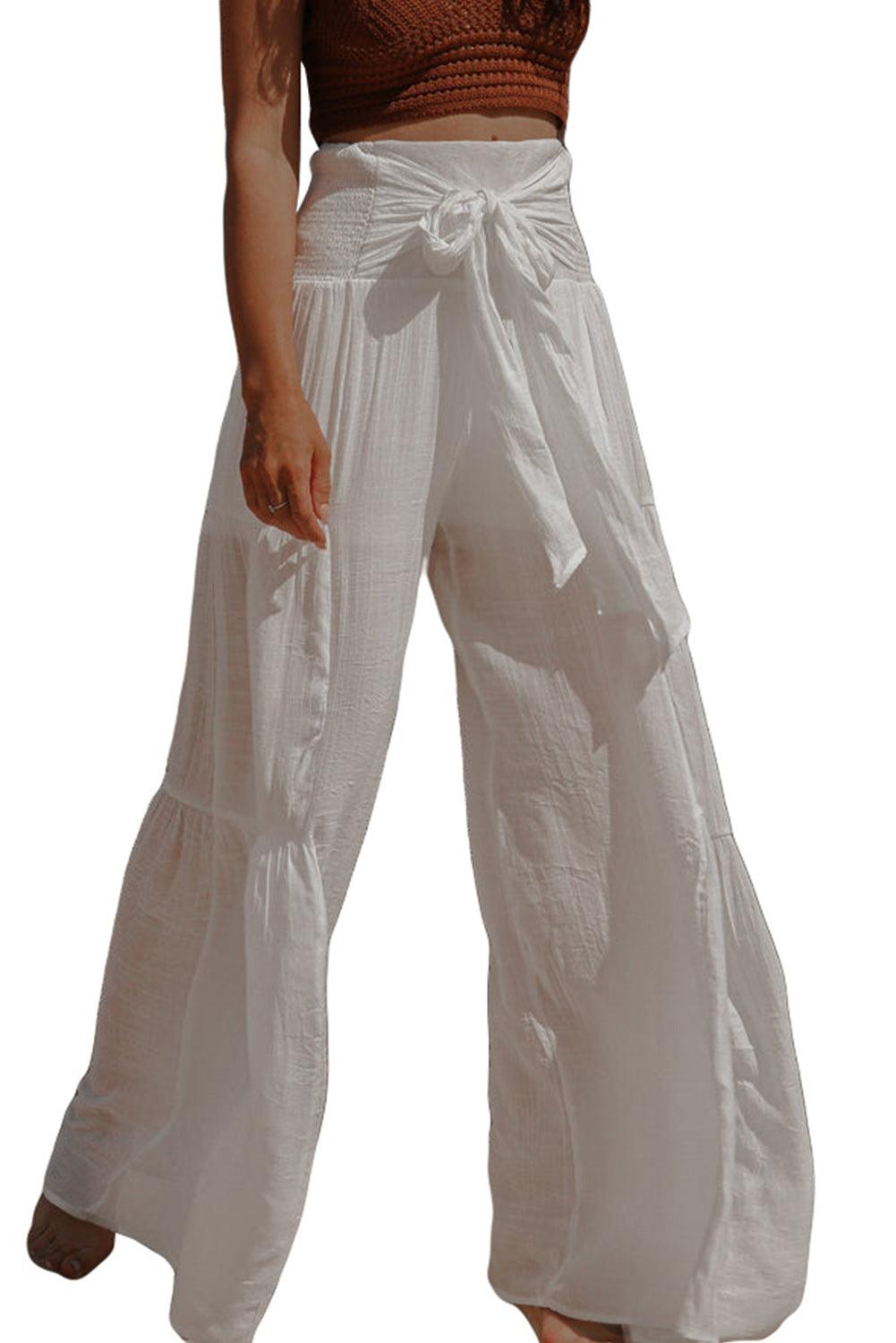 White Smocked High Waist Bohemian Wide Leg Pants - L & M Kee, LLC