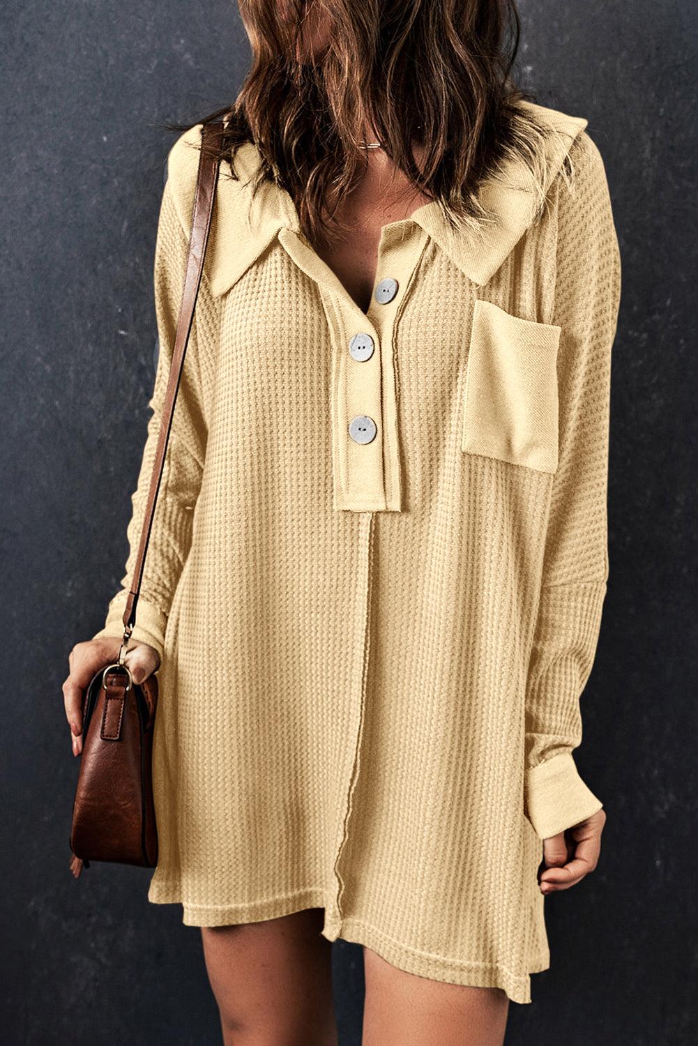 Brown Waffle Knit Buttoned Long Sleeve Top - L & M Kee, LLC