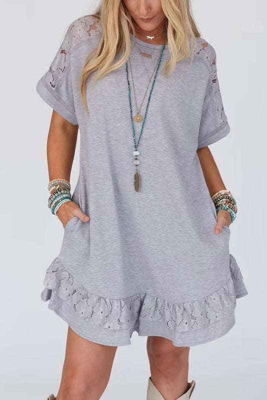 Light Grey Lace Floral Patchwork Ruffled T-shirt Dress - L & M Kee, LLC