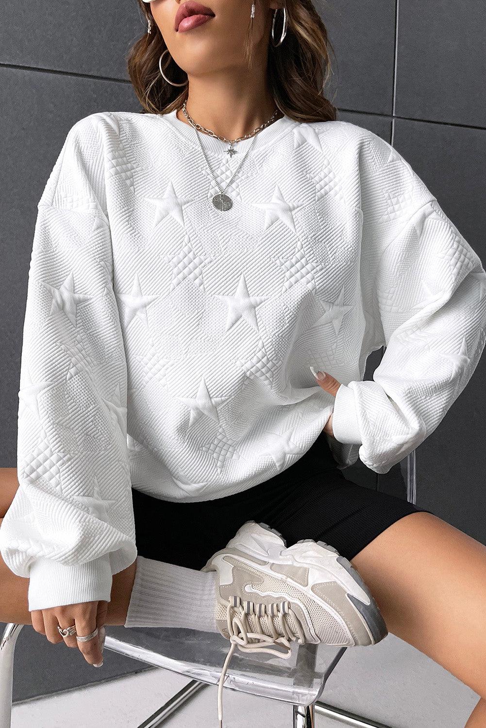 White Star Embossed Textured Drop Shoulder Sweatshirt - L & M Kee, LLC