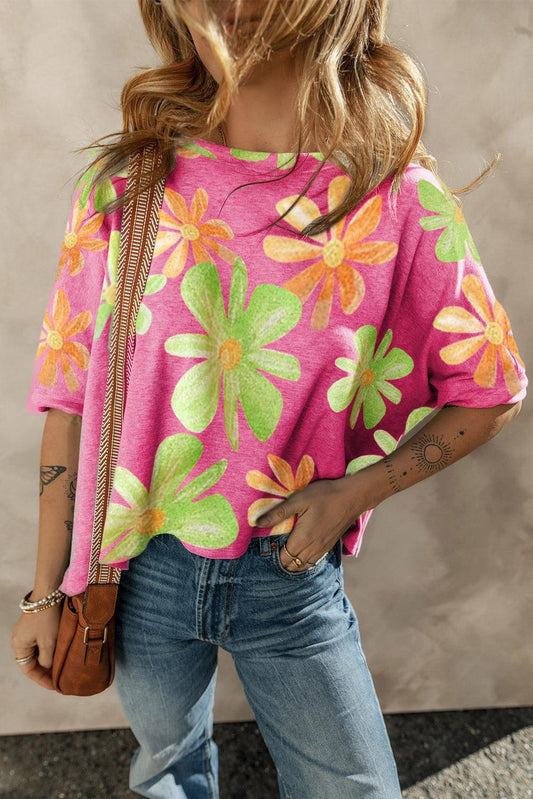Rose Big Flower Pattern Baggy T Shirt - L & M Kee, LLC