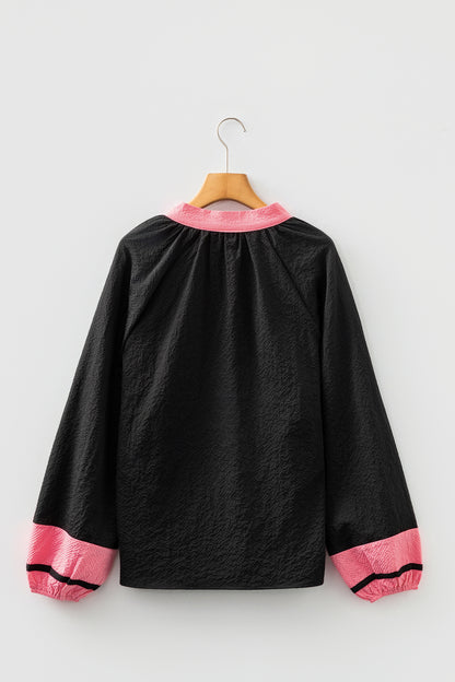Black Color Block Patchwork Detail V Neck Textured Long Sleeve Blouse