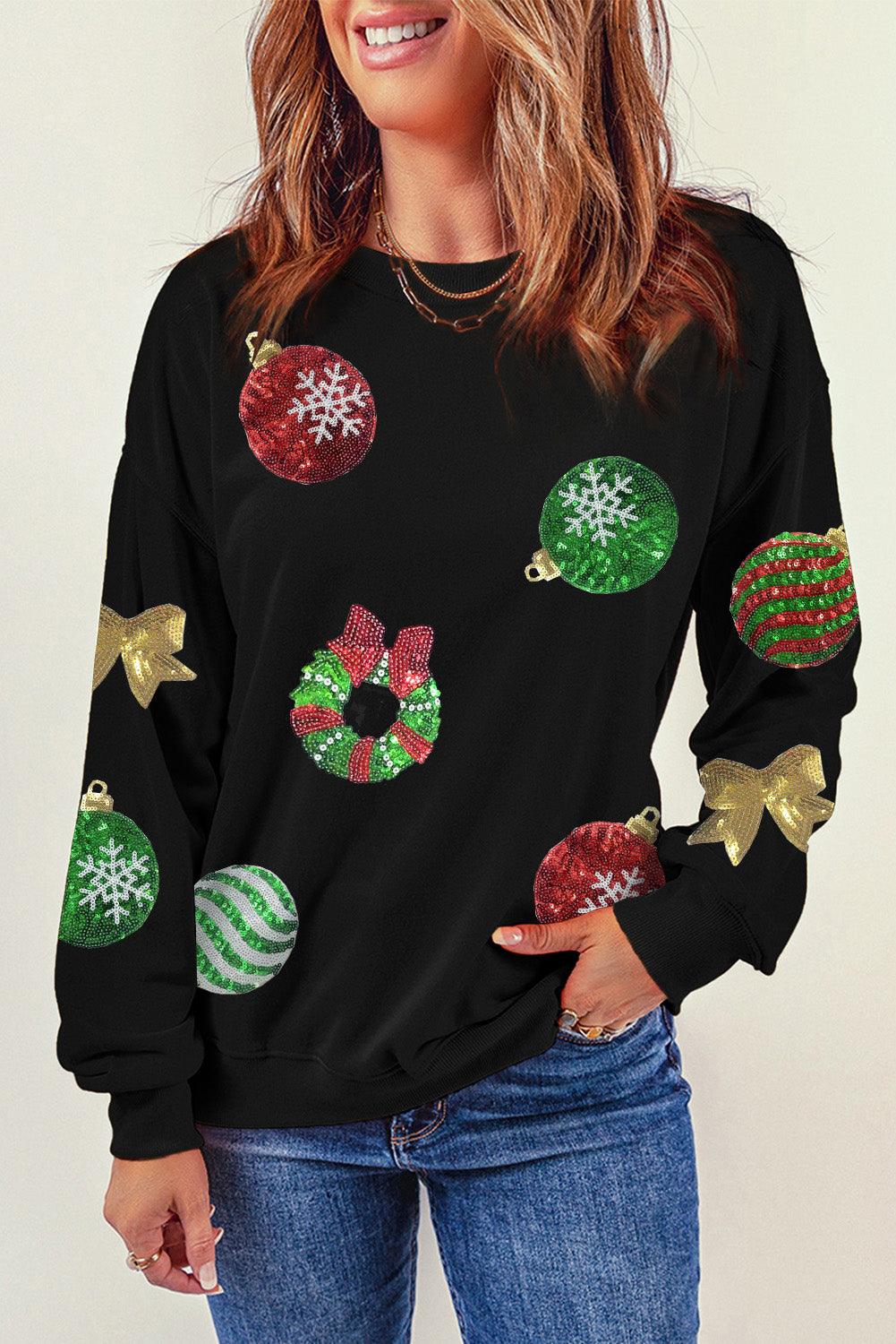 Black Sequined Christmas Graphic Pullover Sweatshirt - L & M Kee, LLC