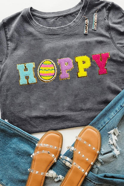 Gray Easter Egg HOPPY Chenille Patched Pattern T Shirt - L & M Kee, LLC