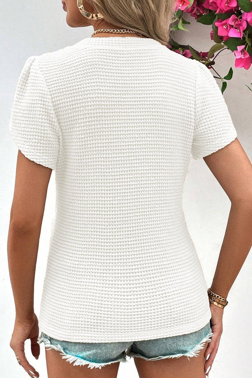 White V Neck Petal Sleeve Waffle Knit T-Shirt - L & M Kee, LLC