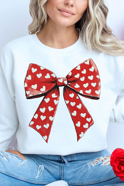 White Heart Bow Printed Round Neck Valentines Pullover Sweatshirt