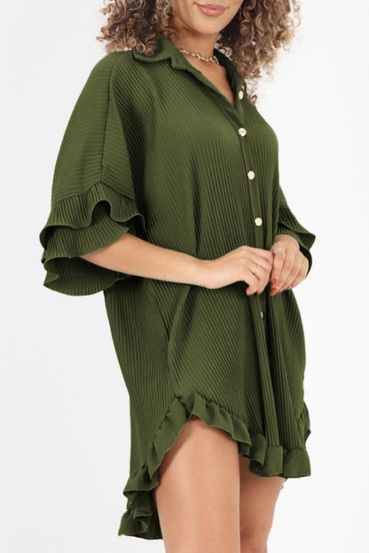 Moss Green High-low Hem Ruffle Sleeve Pleated Shirt Dress - L & M Kee, LLC