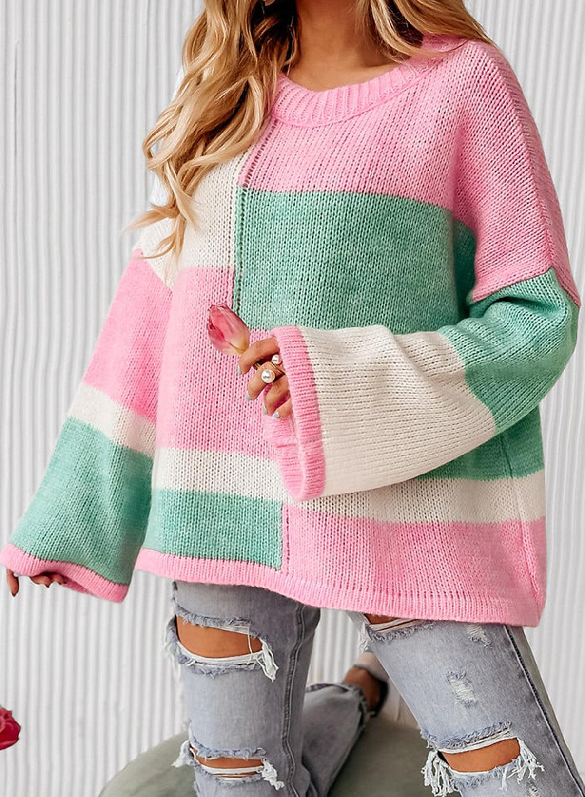 Colorblock Drop Shoulder Bell Sleeve Sweater - L & M Kee, LLC