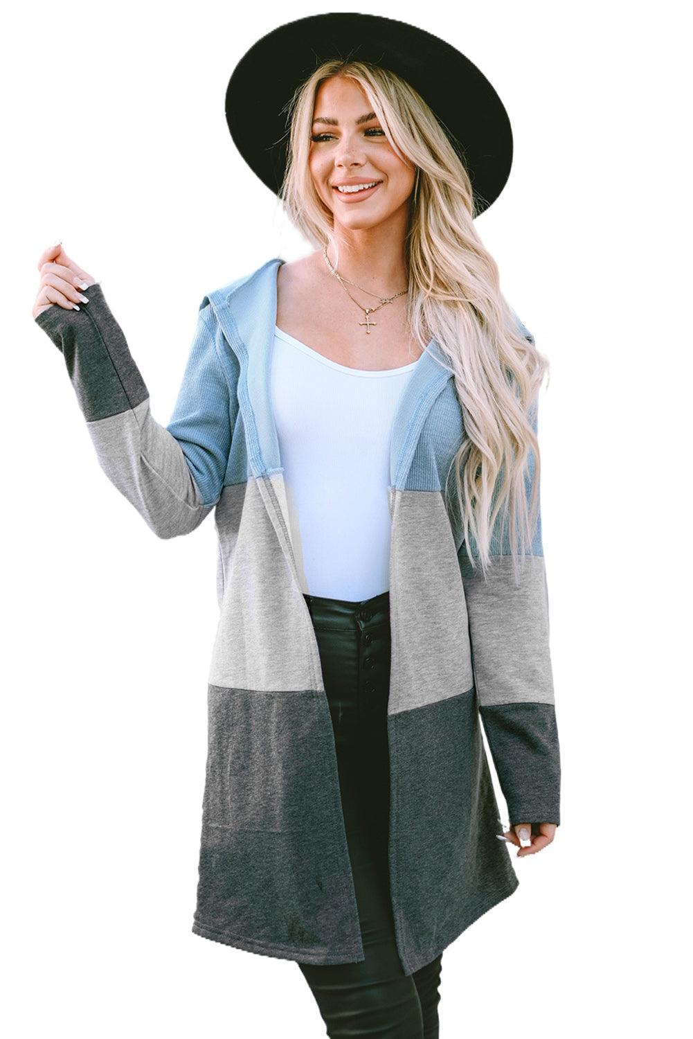 Blue Color Block Patchwork Open Front Hooded Cardigan - L & M Kee, LLC