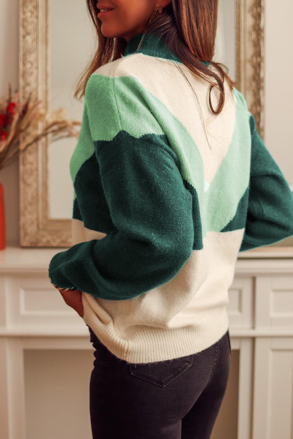 Green Geometric Color Block Knit Button V Neck Sweater - L & M Kee, LLC