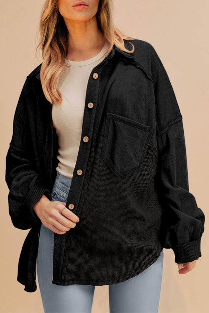 Black Waffle Knit Patchwork Exposed Seam Loose Shacket