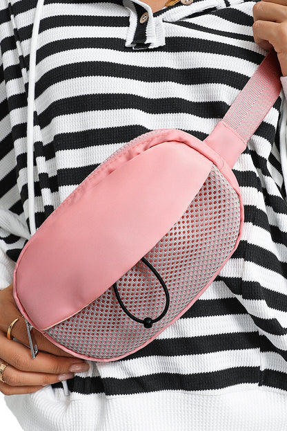 Pink Mesh Patched Wide Buckle Strap Belt Crossbody Bag