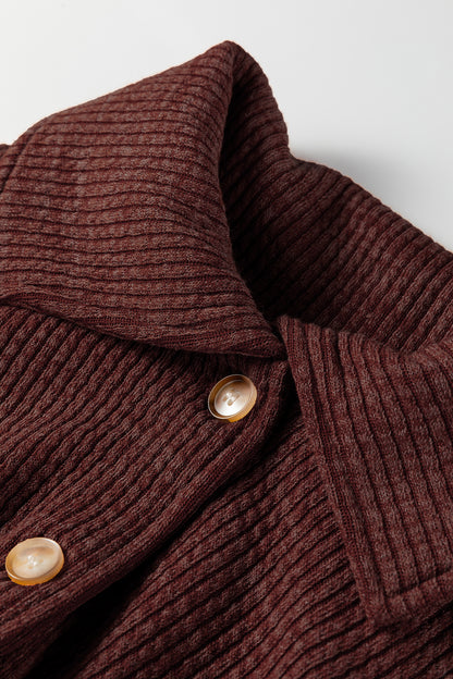 Red Sandalwood Ribbed Knit Buttons Front Flap Pocket Casual Shacket