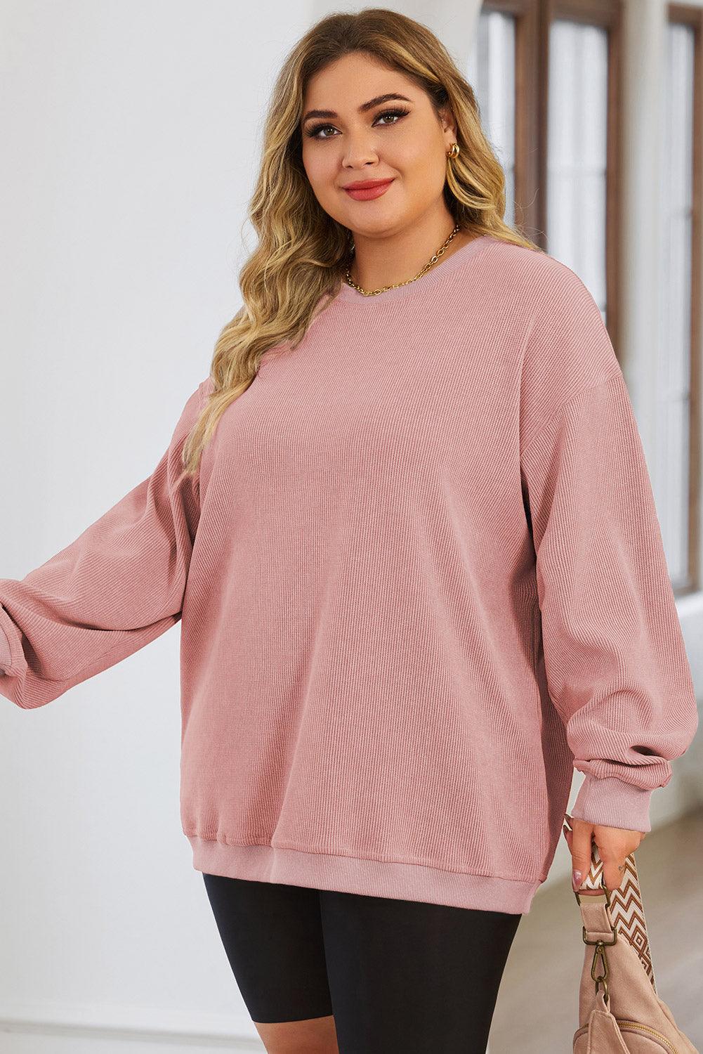 Pink Plus Size Corded Round Neck Sweatshirt - L & M Kee, LLC