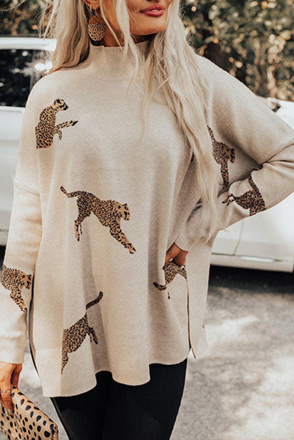 Parchment Lively Cheetah Print High Neck Split Hem Sweater - L & M Kee, LLC