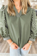 Grass Green Floral Puff Sleeve Contrast V Neck Patchwork Blouse