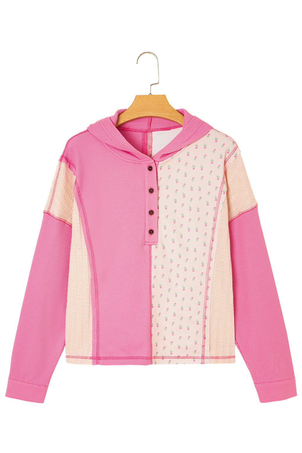 Pink Mixed Texture Waffle Floral Patchwork Hooded Oversize Pullover