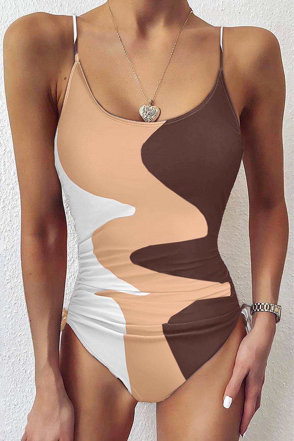 Rose Printed Color Block Drawstring Sides One Piece Swimsuit - L & M Kee, LLC