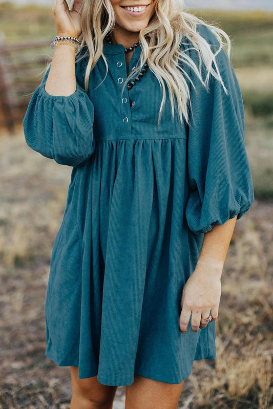 Blue Corduroy Snap Buttons Empire Waist Bracelet Sleeve Dress - L & M Kee, LLC