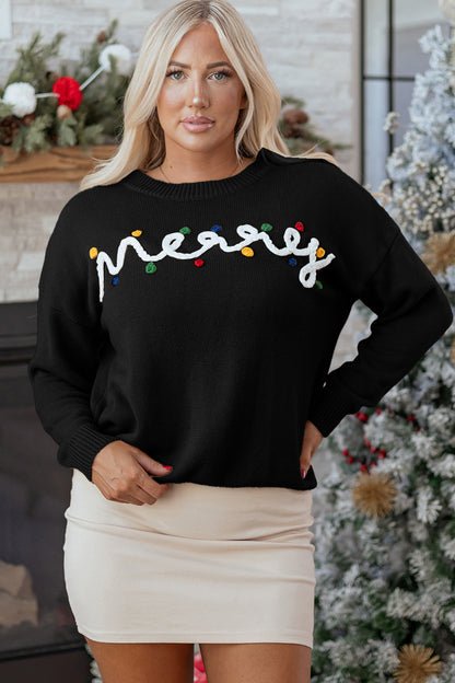 Black Merry Colorful Dot Detail Christmas Drop Shoulder Sweater