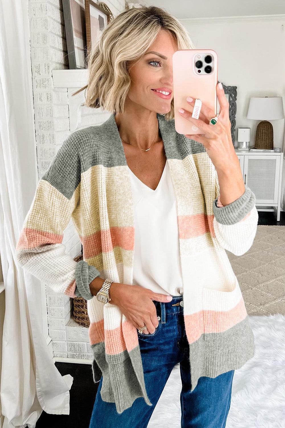 Multicolor Color Block Striped Pocketed Open Cardigan - L & M Kee, LLC